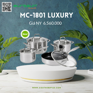 Bộ nồi eurosun mc 1801 luxury gồm nồi lớn, nồi nhỡ, nồi nhỏ và chảo làm từ inox 304 - 18/10
