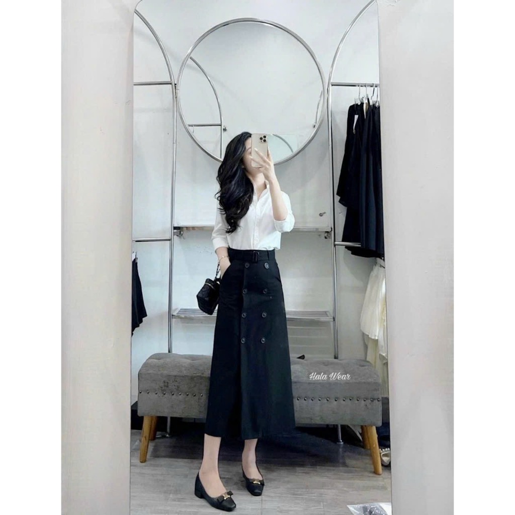 Chân váy nữ cúc hàng thiết kế loại 1, Chân váy nữ đen dáng chữ A dài