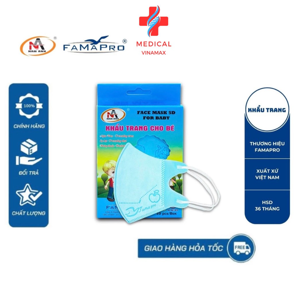 Khẩu trang 5d baby thun chính hảng FAMAPRO hộp 10 chiếc