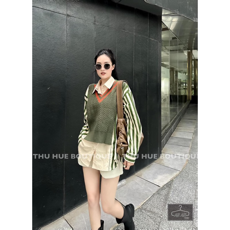 Áo Sơmi Kẻ Pha Len Xanh Rêu