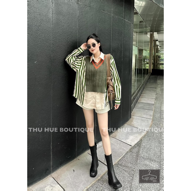 Áo Sơmi Kẻ Pha Len Xanh Rêu