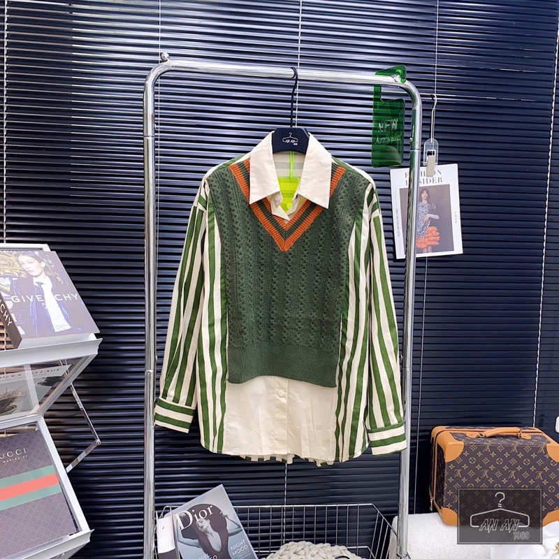 Áo Sơmi Kẻ Pha Len Xanh Rêu