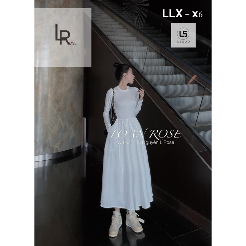 Váy maxi cổ tròn phối chân thô xoè dài