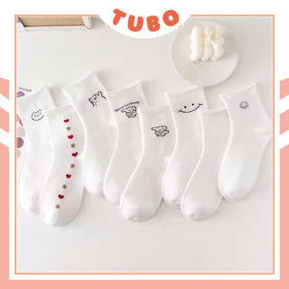 Tất cổ cao nữ trắng thời trang hàn quốc họa tiết cute vải cotton dày đẹp co giãn thoáng khi - Tubo Shop