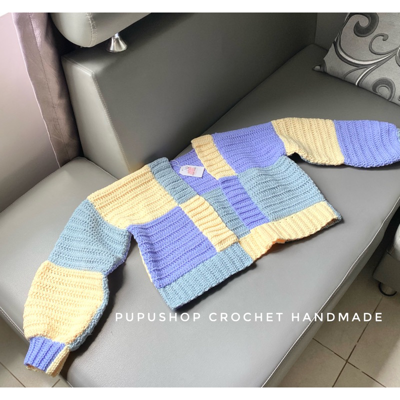 Áo khoác ô vuông len móc-Cardigan ô vuông len móc thủ công