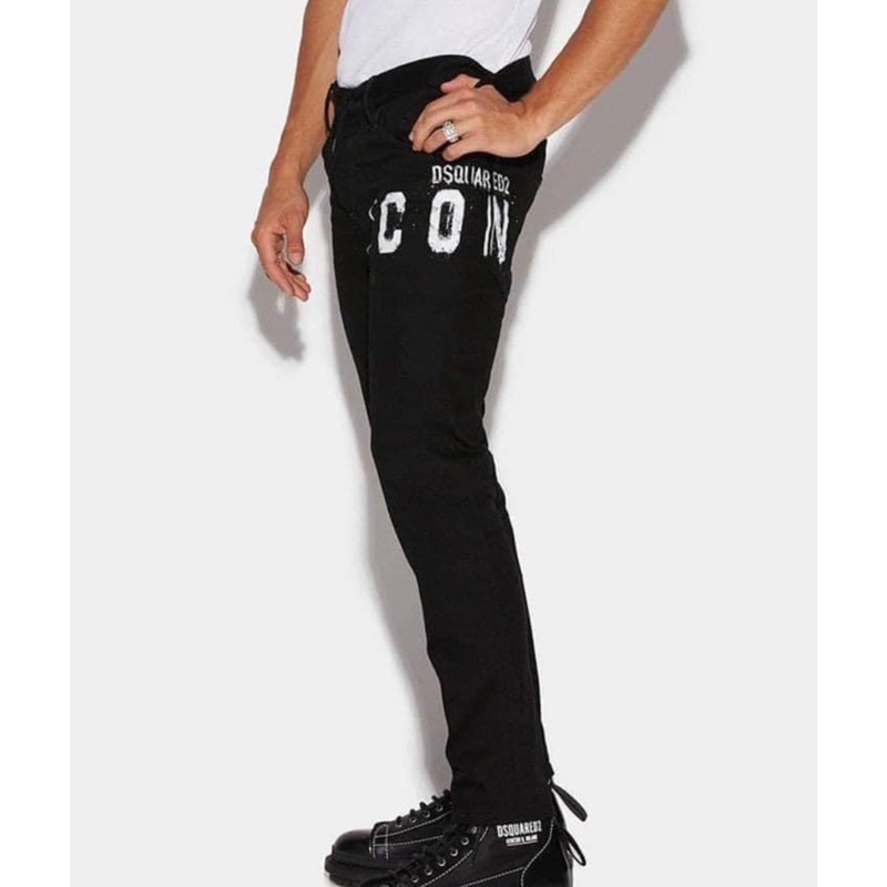 Quần jean bò nam Dsq2 đen trơn in chữ ICON trắng ngang đùi dáng slimfit đơn giản đi học boy phố