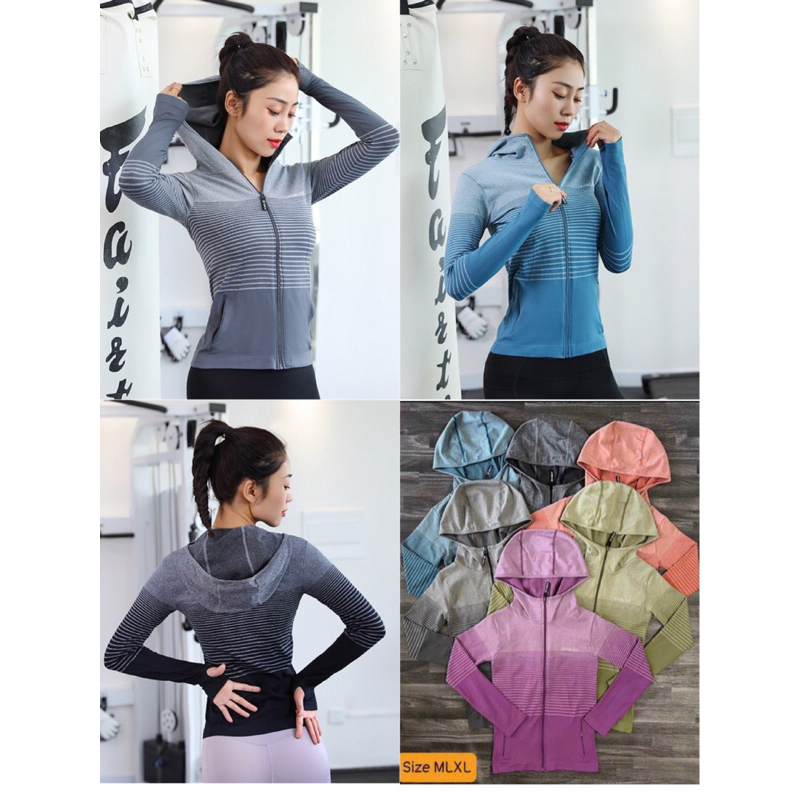 Áo khoác loang kẻ thể thao tập gym aerobic mũ (có túi)