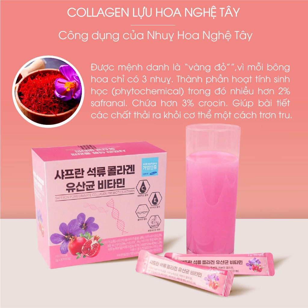 Bột Collagen Lựu Đỏ Nhụy Hoa Nghệ Tây Saffron Bio Cell Hàn Quốc 30 Gói