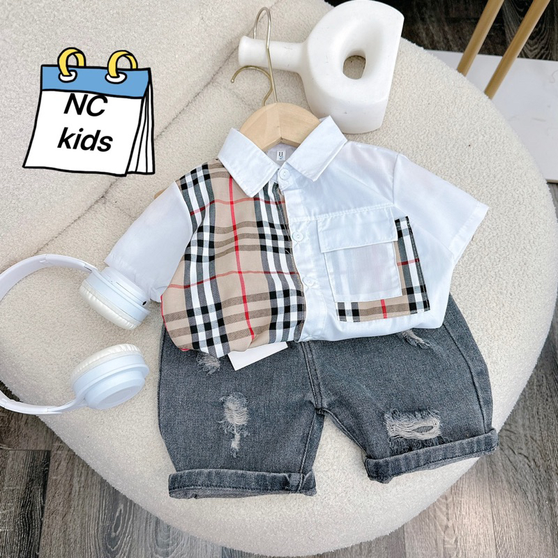 Sét bộ sơ mi cộc tay phối quần jean đùi rách cho bé trai
