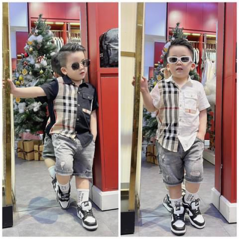 Sét bộ sơ mi cộc tay phối quần jean đùi rách cho bé trai