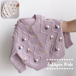 196:D8 Áo khoác cardigan len hàn quốc đính cục bông dễ thương cho bé gái hãng Luribyhol cao cấp