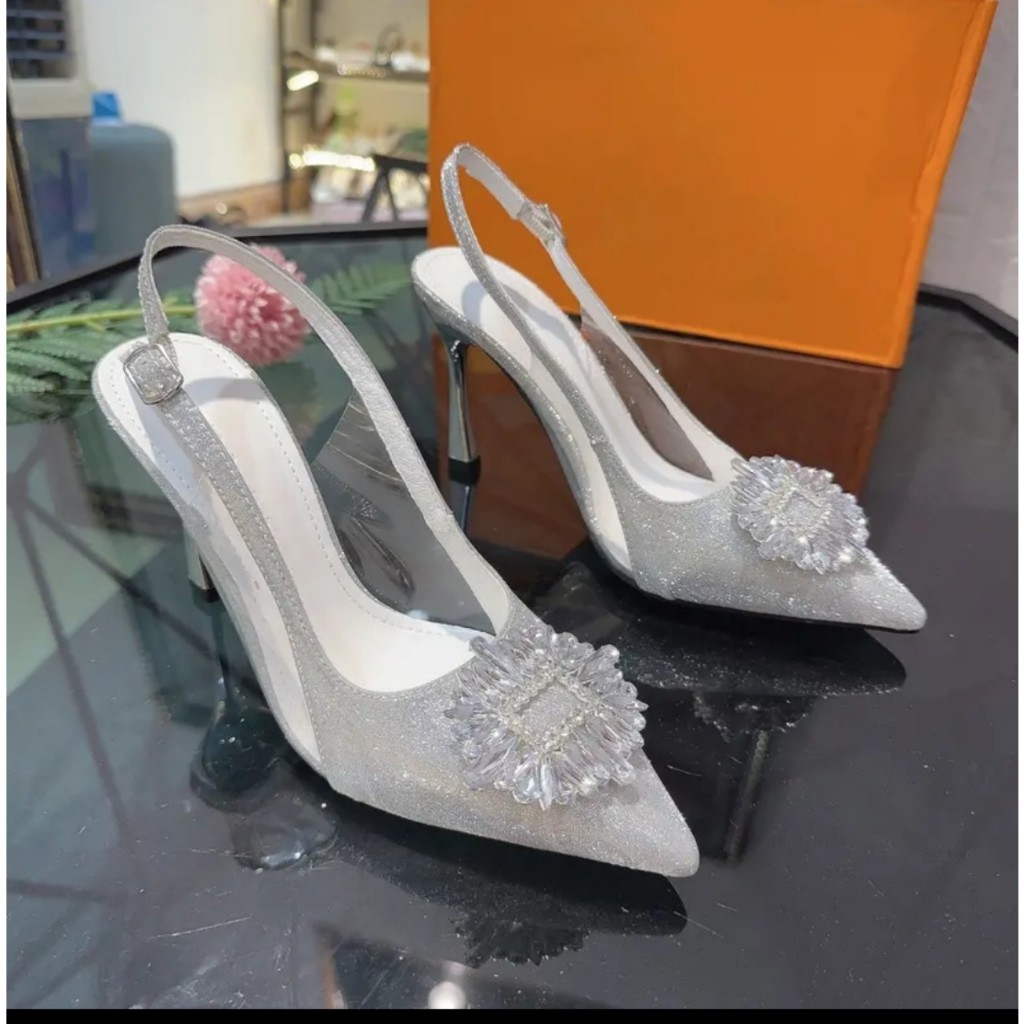 Giày Cao Gót Bít Mũi Phối Mika Đính Hoa ĐÁ 9cm, Sandal Nữ Cao Gót 9 Phân Mã DH06