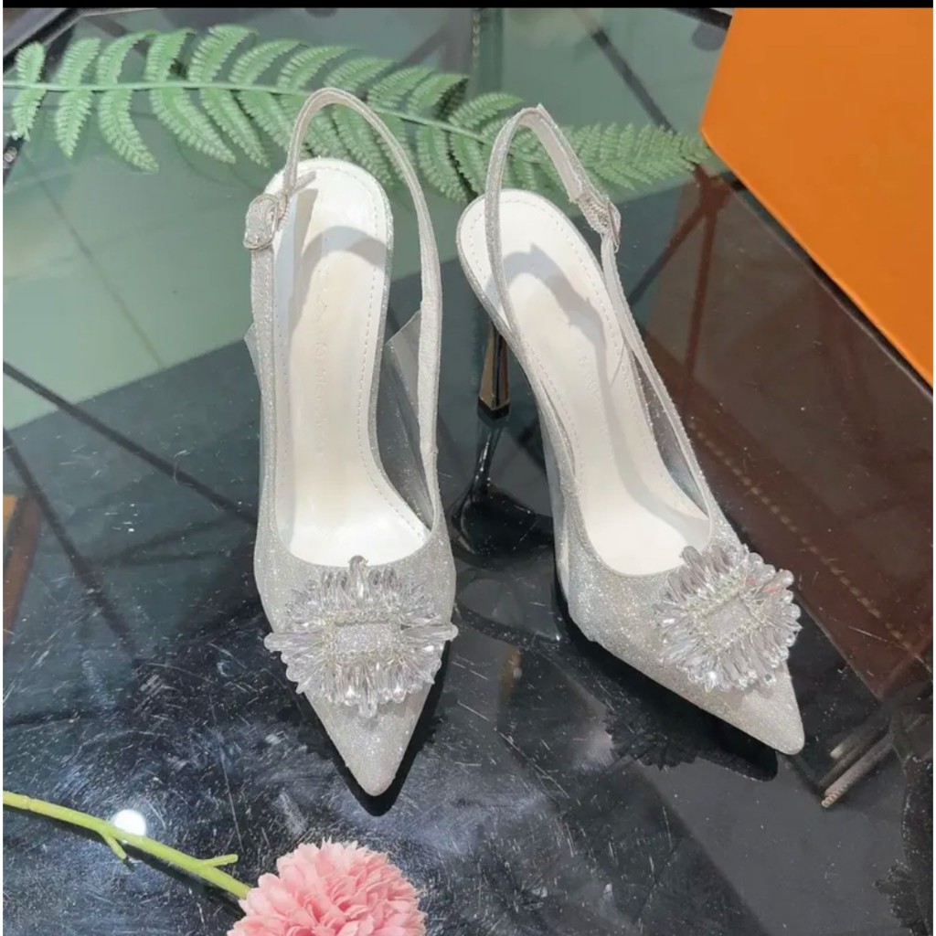 Giày Cao Gót Bít Mũi Phối Mika Đính Hoa ĐÁ 9cm, Sandal Nữ Cao Gót 9 Phân Mã DH06