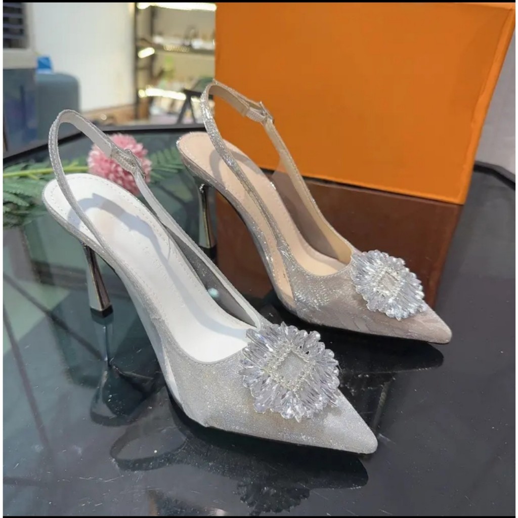 Giày Cao Gót Bít Mũi Phối Mika Đính Hoa ĐÁ 9cm, Sandal Nữ Cao Gót 9 Phân Mã DH06