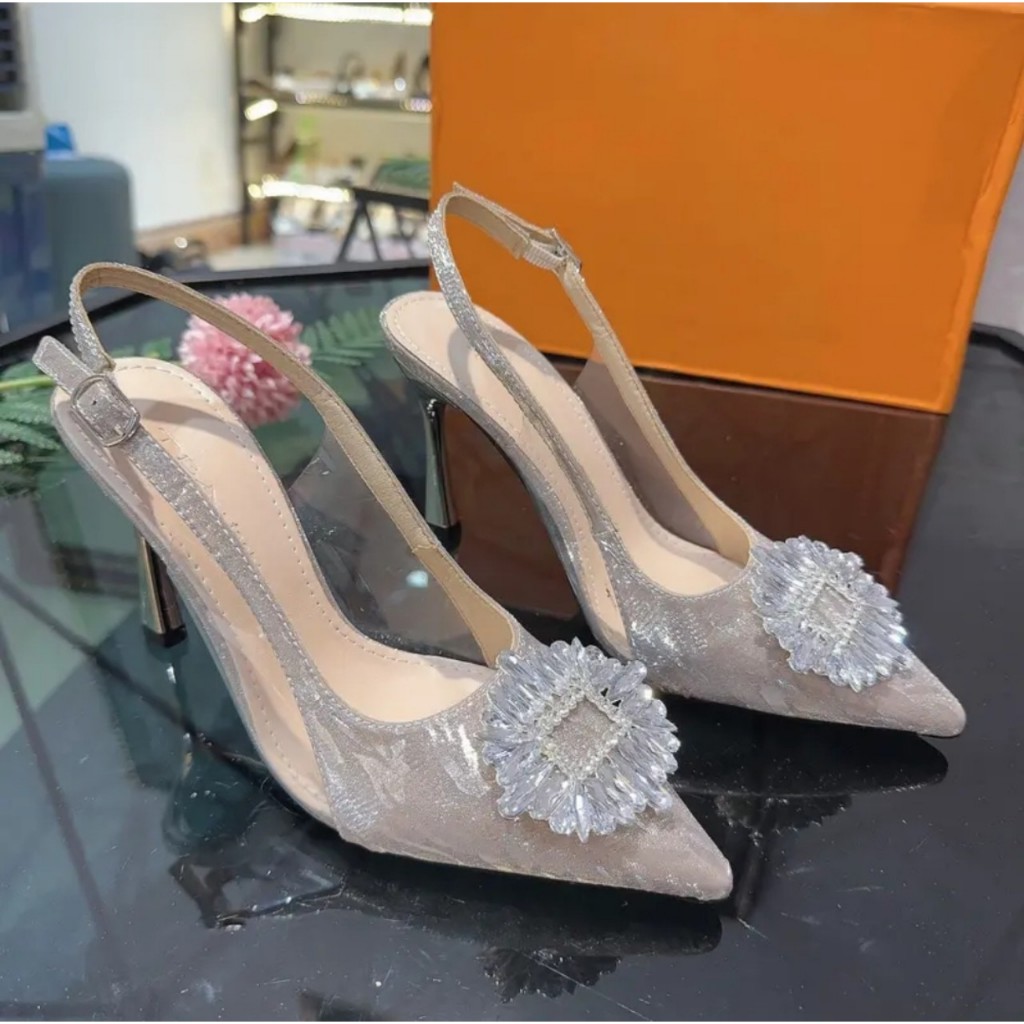 Giày Cao Gót Bít Mũi Phối Mika Đính Hoa ĐÁ 9cm, Sandal Nữ Cao Gót 9 Phân Mã DH06