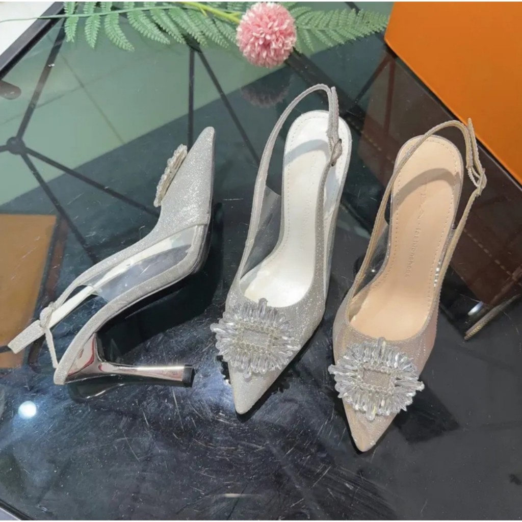 Giày Cao Gót Bít Mũi Phối Mika Đính Hoa ĐÁ 9cm, Sandal Nữ Cao Gót 9 Phân Mã DH06