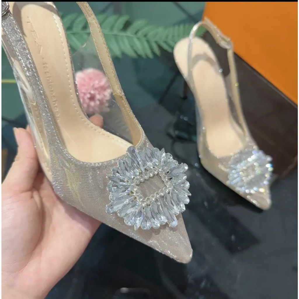 Giày Cao Gót Bít Mũi Phối Mika Đính Hoa ĐÁ 9cm, Sandal Nữ Cao Gót 9 Phân Mã DH06