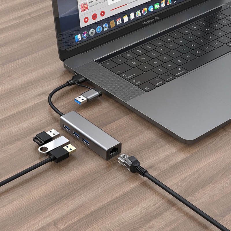Bộ Chuyển Đổi Hub 4 Trong 1 Loại Type C USB A sang 3 Cổng USB 3.0 RJ45 cổng mạng Lan cho laptop PC táo 4 in 1