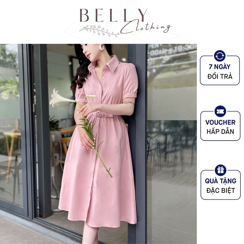 🔥M28 - Váy Sơ Mi Hồng Kèm Đai Eo, Váy Thiết Kế Eo Có Chun, Form Dáng Sang Trọng, Lịch Sự by Belly Clothing