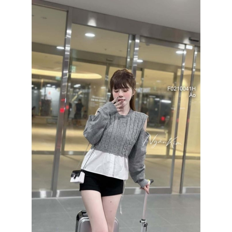 Áo len tay dài tà phối sơ mi trắng kiểu khoét vai hai bên hàng Qc!