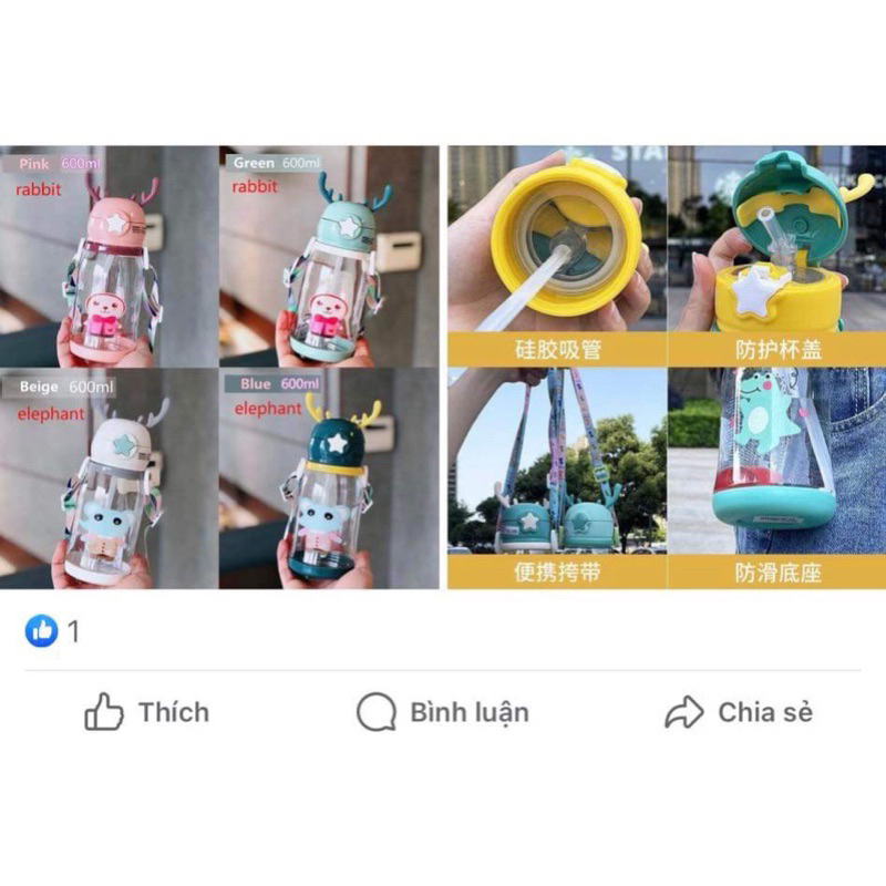 Bình Nước Nhựa💚CAM KẾT CHUẨN💚Bình Nước Hình Sừng Hươu Dễ Thương Cho Bé