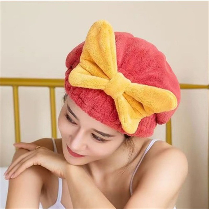 Mũ chùm đầu làm khô tóc, khăn quấn tóc đính Nơ cài mềm mịn, dày dặn siêu thấm nước