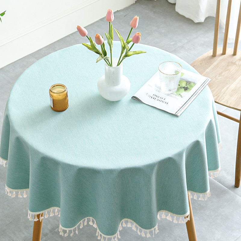 Khăn Trải Bàn Tròn Vải Cotton Linen Viền Tua Rua Chống Thấm Dầu Chống Thấm Nước Khăn Trải Bàn Nhà Hàng Khách Sạn - 0045