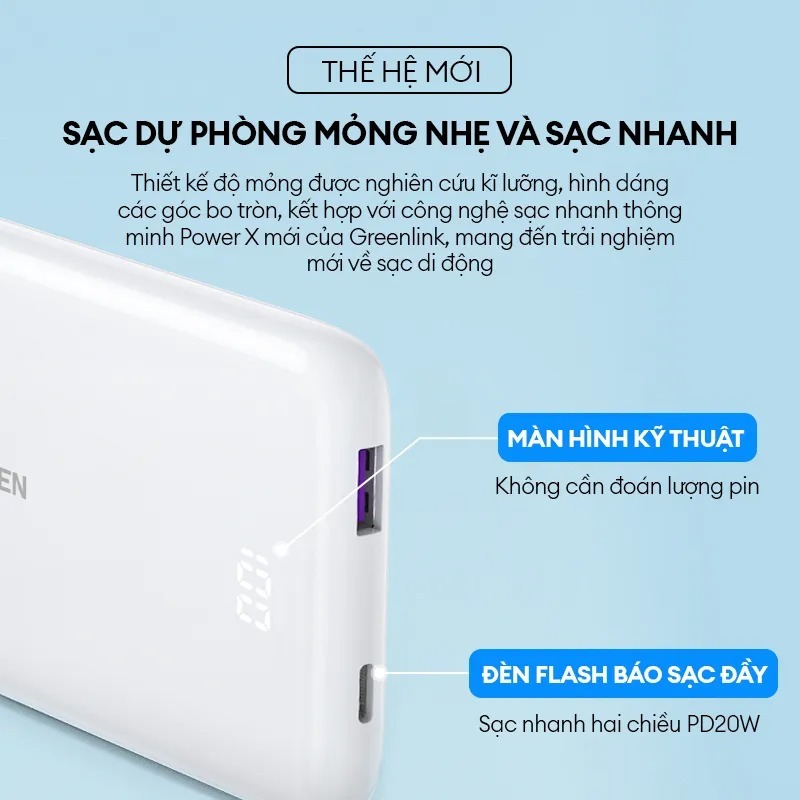 Pin sạc dự phòng 10000mAh UGREEN PB200 Sạc Nhanh 2 chiều PD20W+22.5W Công Nghệ Power X, Lõi pin ATL - BH 18 tháng