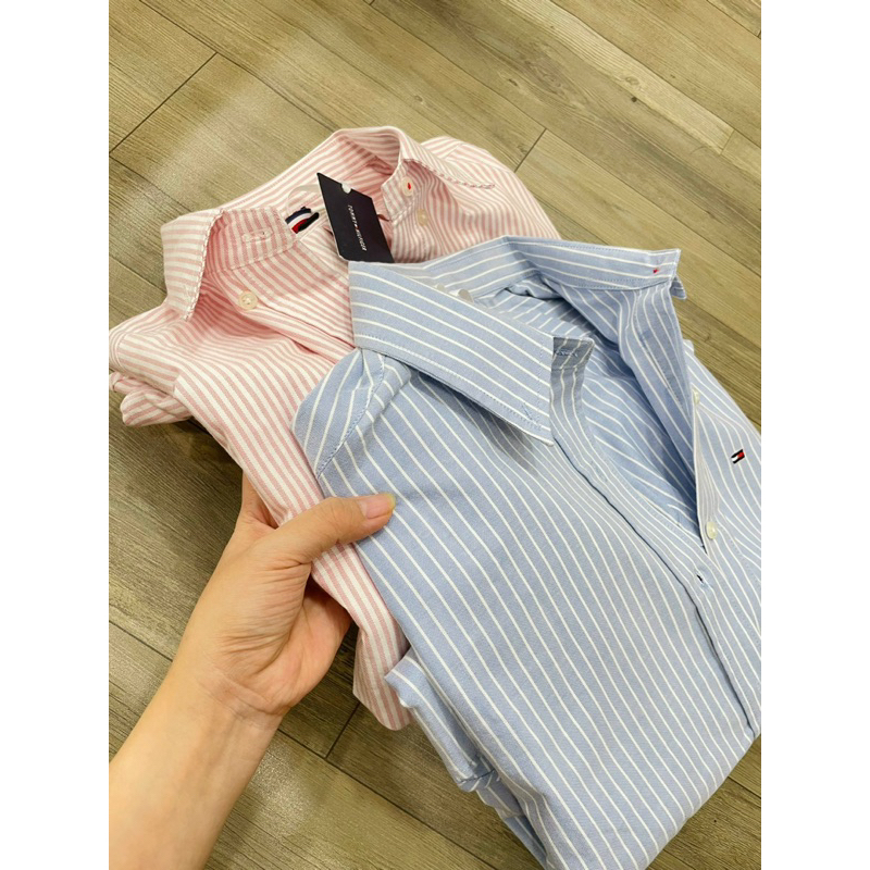 Áo sơmi nữ sọc thêu logo TM tay ngắn chất vải Oxford vải dư xịn hãng