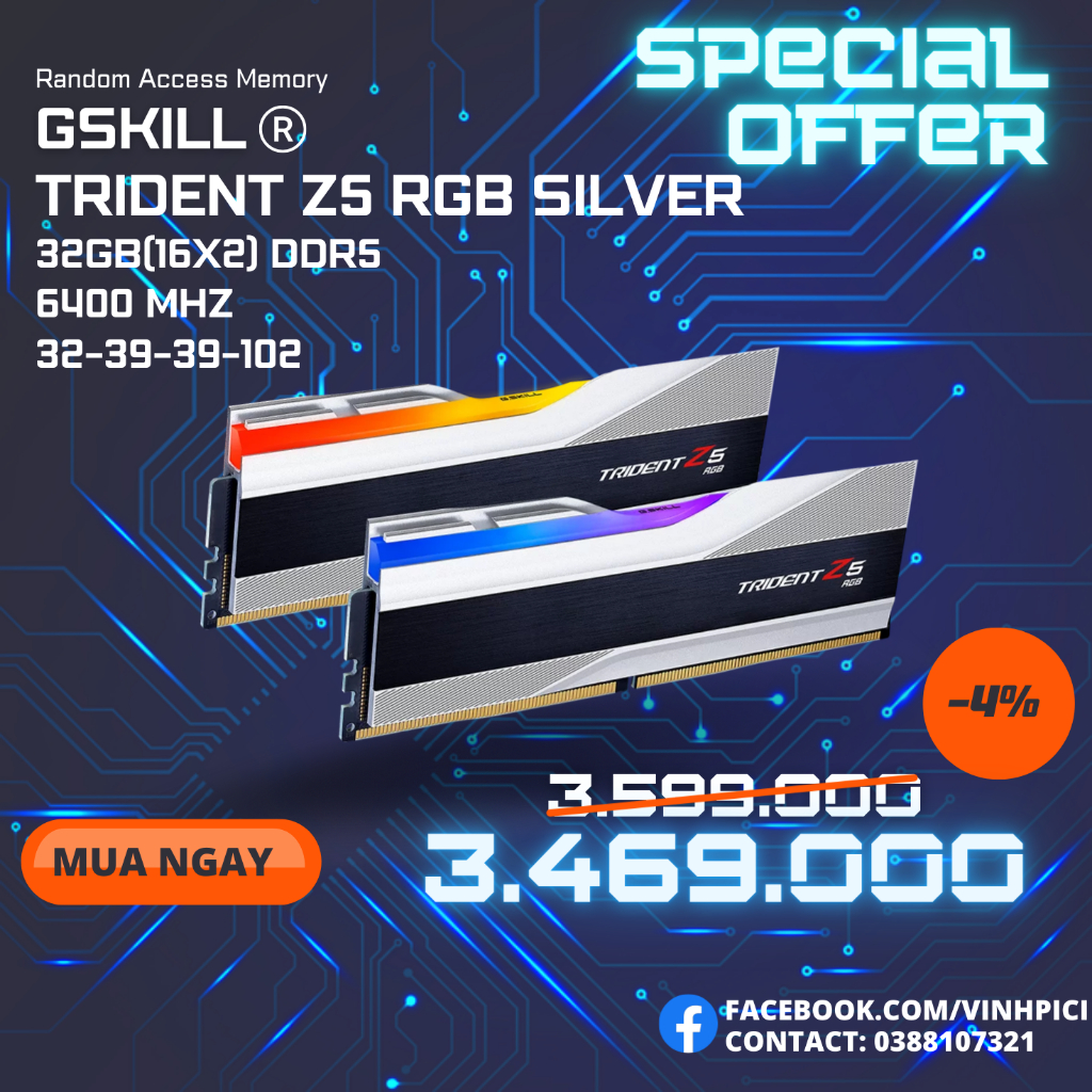 Ram G.SKILL TRIDENT Z5 RGB SILVER 32GB 6400MHz DDR5 (16GBx2) F5-6400J3239G16GX2-TZ5RS [NEW]
