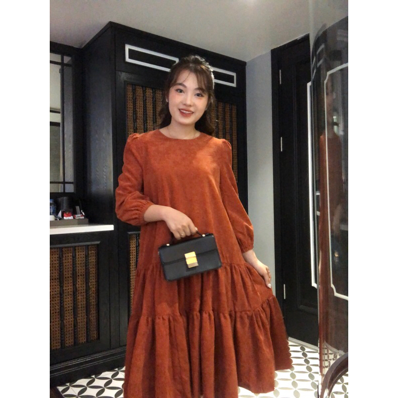 Váy suông  bèo phối tay dài, váy thu đông đuôi cá