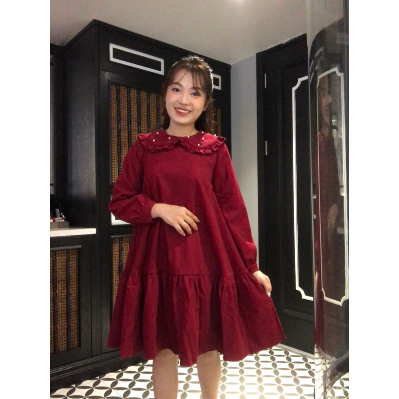 Váy suông  bèo phối tay dài, váy thu đông đuôi cá