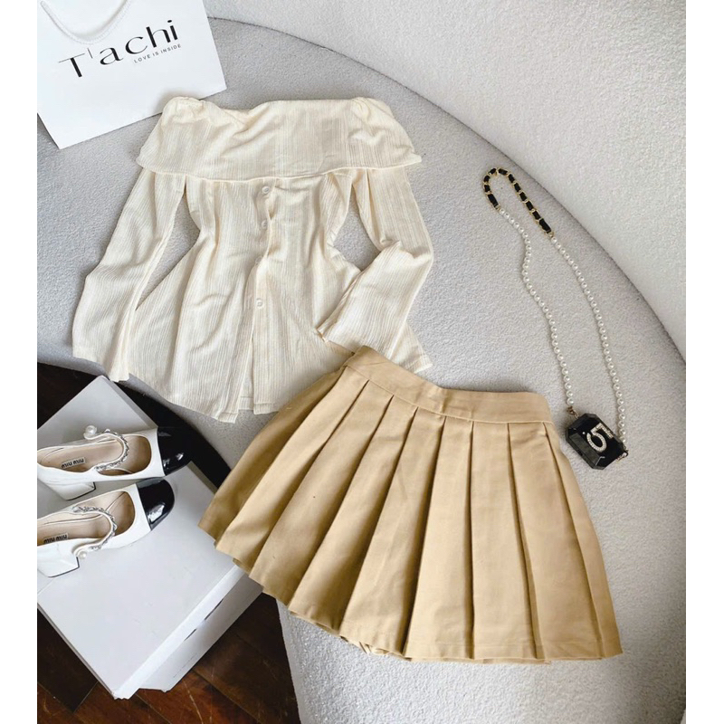 SET ÁO NUDE TRỄ VAI - CHÂN VÁY XẾP LY