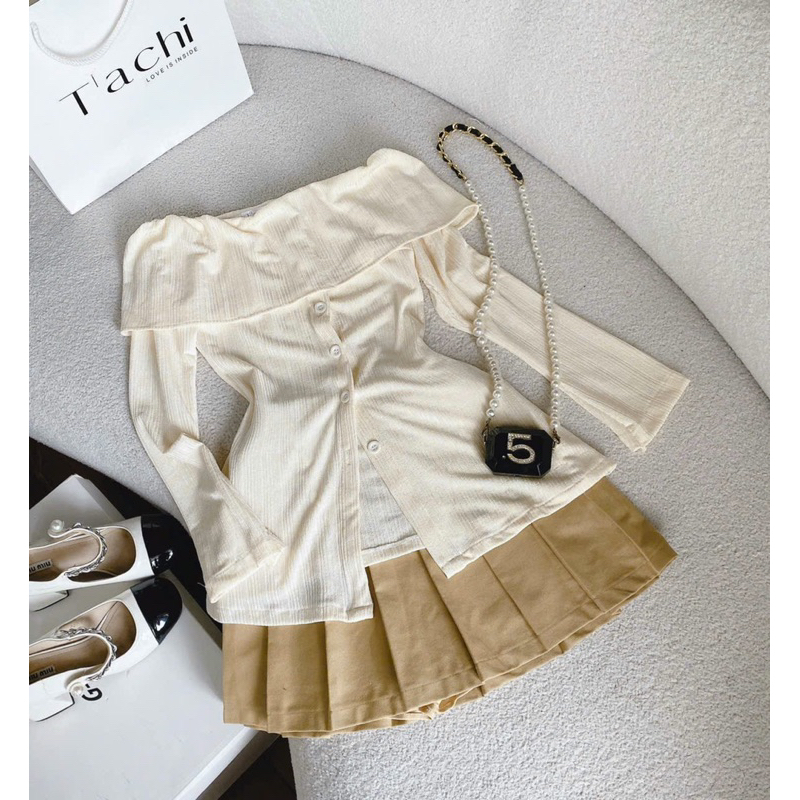 SET ÁO NUDE TRỄ VAI - CHÂN VÁY XẾP LY