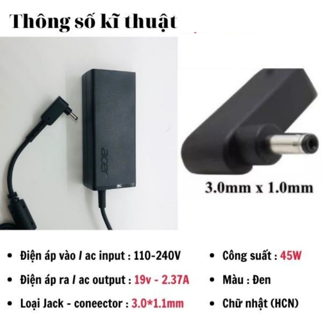 Sạc acer 2,37A 65w chân nhỏ 3.0*1.1mm, sạc máy tính acer zin hành 12 tháng