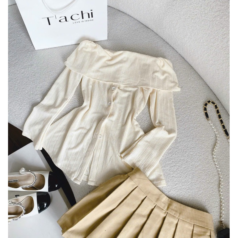 SET ÁO NUDE TRỄ VAI - CHÂN VÁY XẾP LY