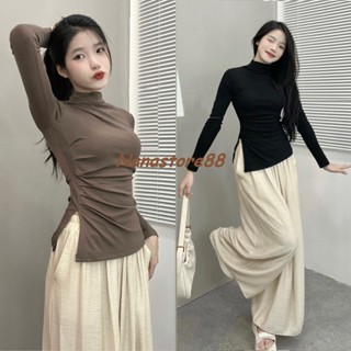 Áo thun nữ dài tay cổ 3 phân nhún sườn xẻ tà, áo thun nữ dài tay Bigsize 222T