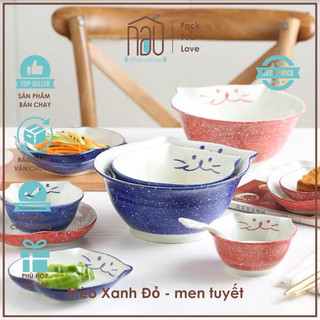 Bát đĩa Mèo men tuyết cực đẹp có hai màu xanh, đỏ dùng an toàn cho cả lò nướng, lò vi sóng