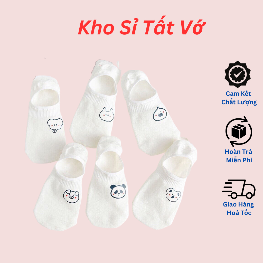 Combo 5 Đôi Tất Cổ Ngắn,Tất Lười Nữ Màu Trắng Họa Tiết Hình Thú Siêu Dễ Thương