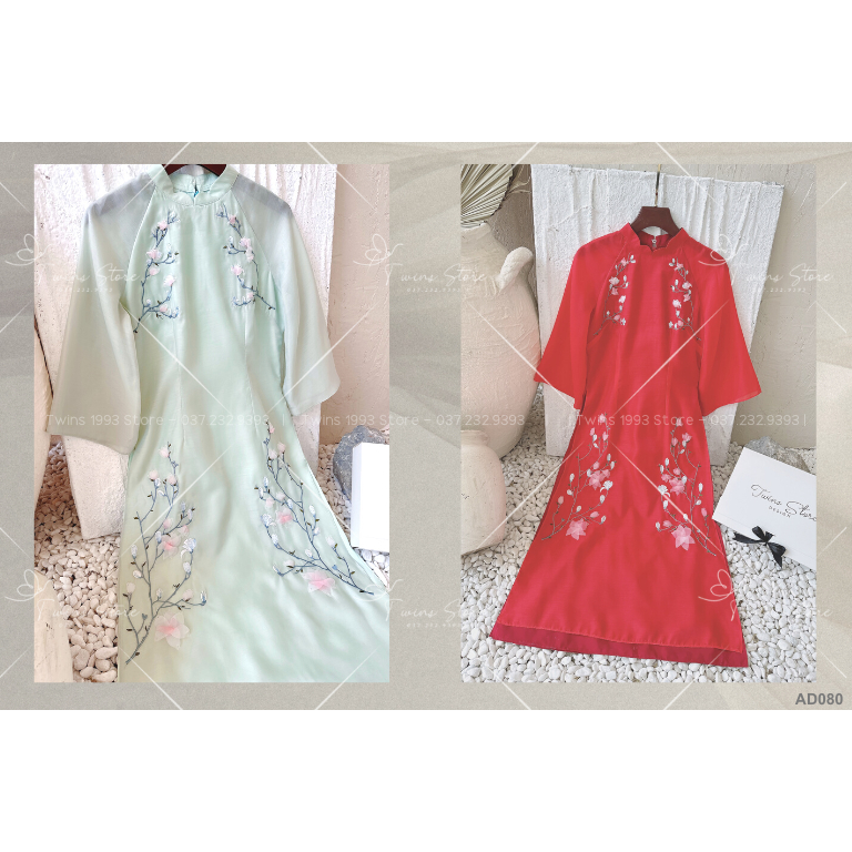 Áo dài cách tân Twins Store dáng ôm KÈM QUẦN, chất tơ mềm mịn, thêu hoa và đính cườm 3D thủ công - AD080