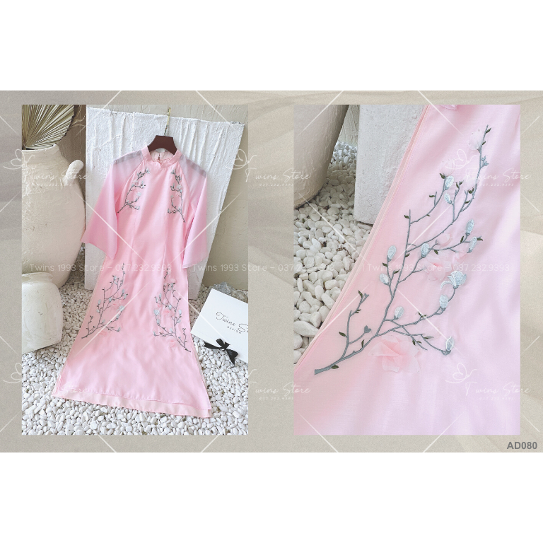 Áo dài cách tân Twins Store dáng ôm KÈM QUẦN, chất tơ mềm mịn, thêu hoa và đính cườm 3D thủ công - AD080