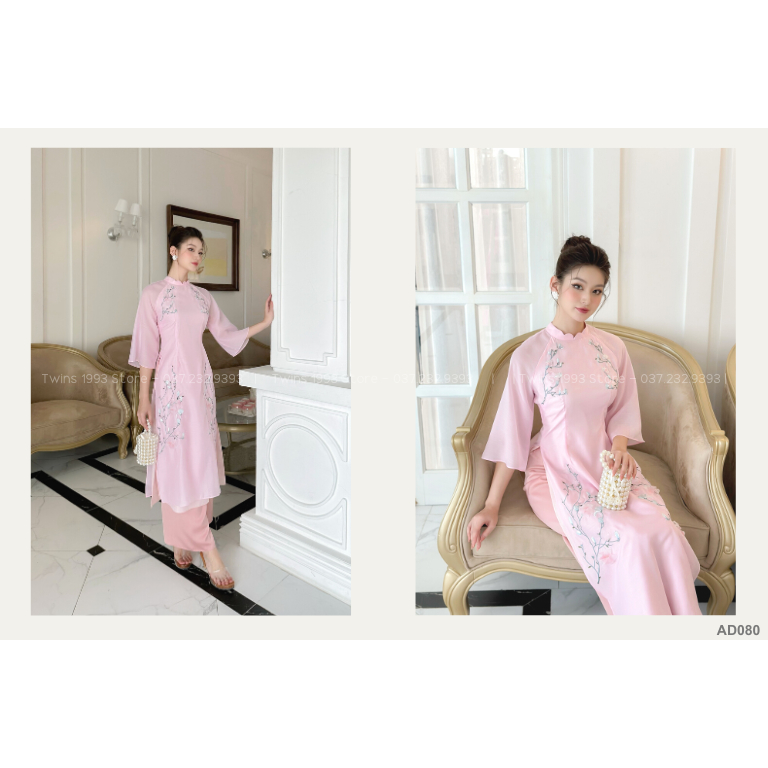 Áo dài cách tân Twins Store dáng ôm KÈM QUẦN, chất tơ mềm mịn, thêu hoa và đính cườm 3D thủ công - AD080