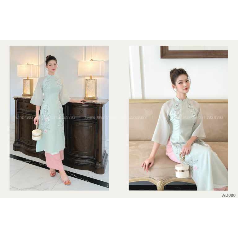 Áo dài cách tân Twins Store dáng ôm KÈM QUẦN, chất tơ mềm mịn, thêu hoa và đính cườm 3D thủ công - AD080