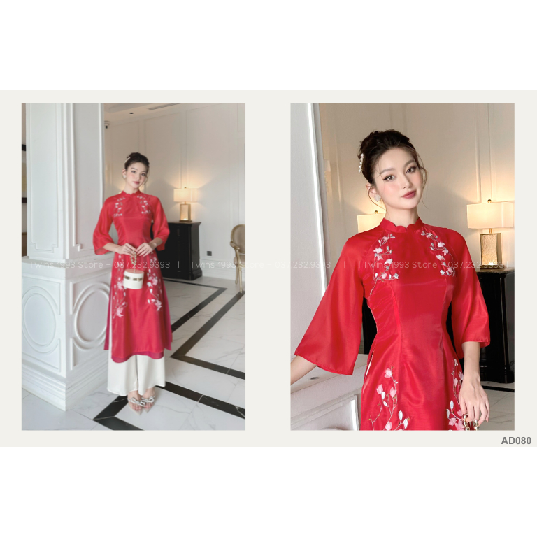 Áo dài cách tân Twins Store dáng ôm KÈM QUẦN, chất tơ mềm mịn, thêu hoa và đính cườm 3D thủ công - AD080
