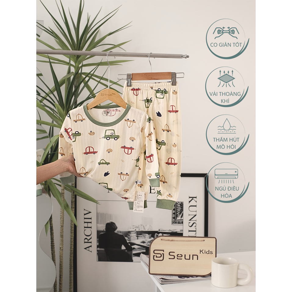 Set mặc nhà bé trai thông hơi bộ đồ ngủ đồ bộ bộ dài tay hình gấu mặt cười xe ô tô dâu hoa xuân hè thu đông