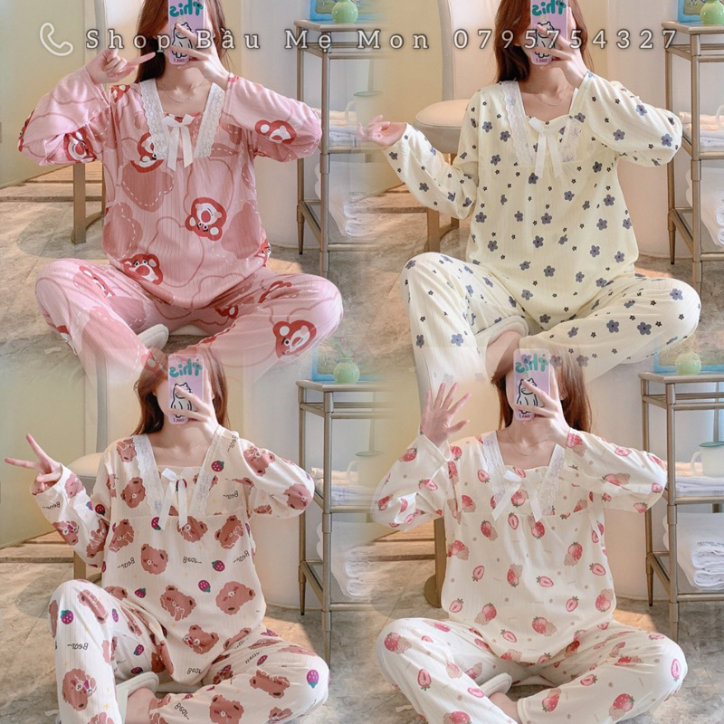 Shop Bầu Mẹ Mon - Đồ Bộ Bầu Đồ Bộ Mặc Nhà Sau Sinh Dài Tay Cho Con Bú Mẫu Cotton Cổ Vuông Viền Ren Tiểu Thư