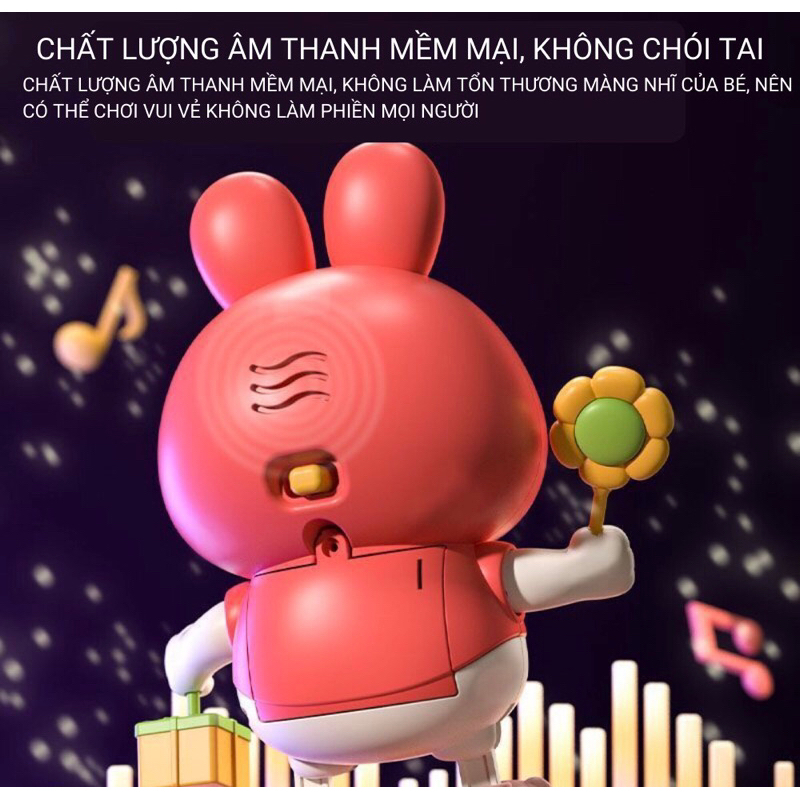 Đồ chơi Thỏ con chạy pin phát đèn, hát nhạc và nhảy, Thỏ cầm Hoa và Quà