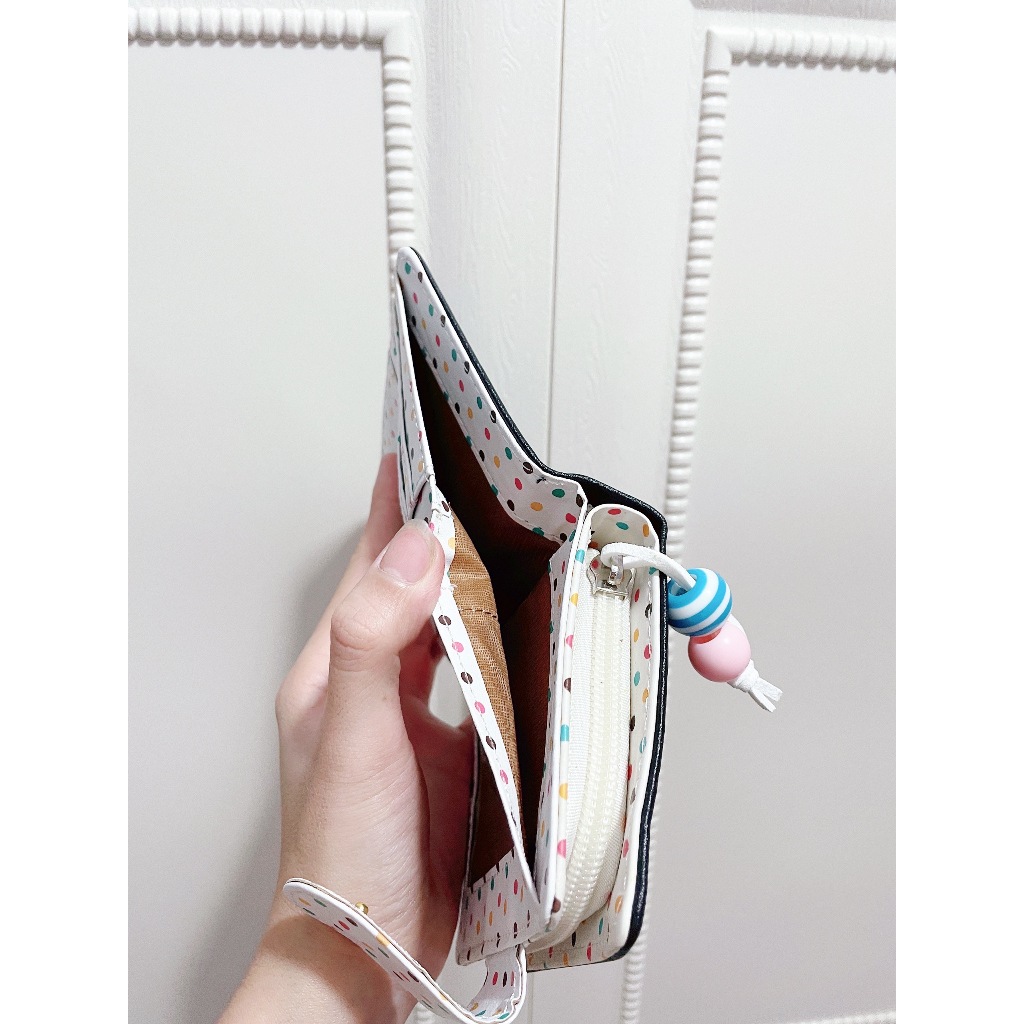 Ví nữ cầm tay, khoá bấm có ngăn kéo, hoạ tiết chấm bi dễ thương cho học sinh