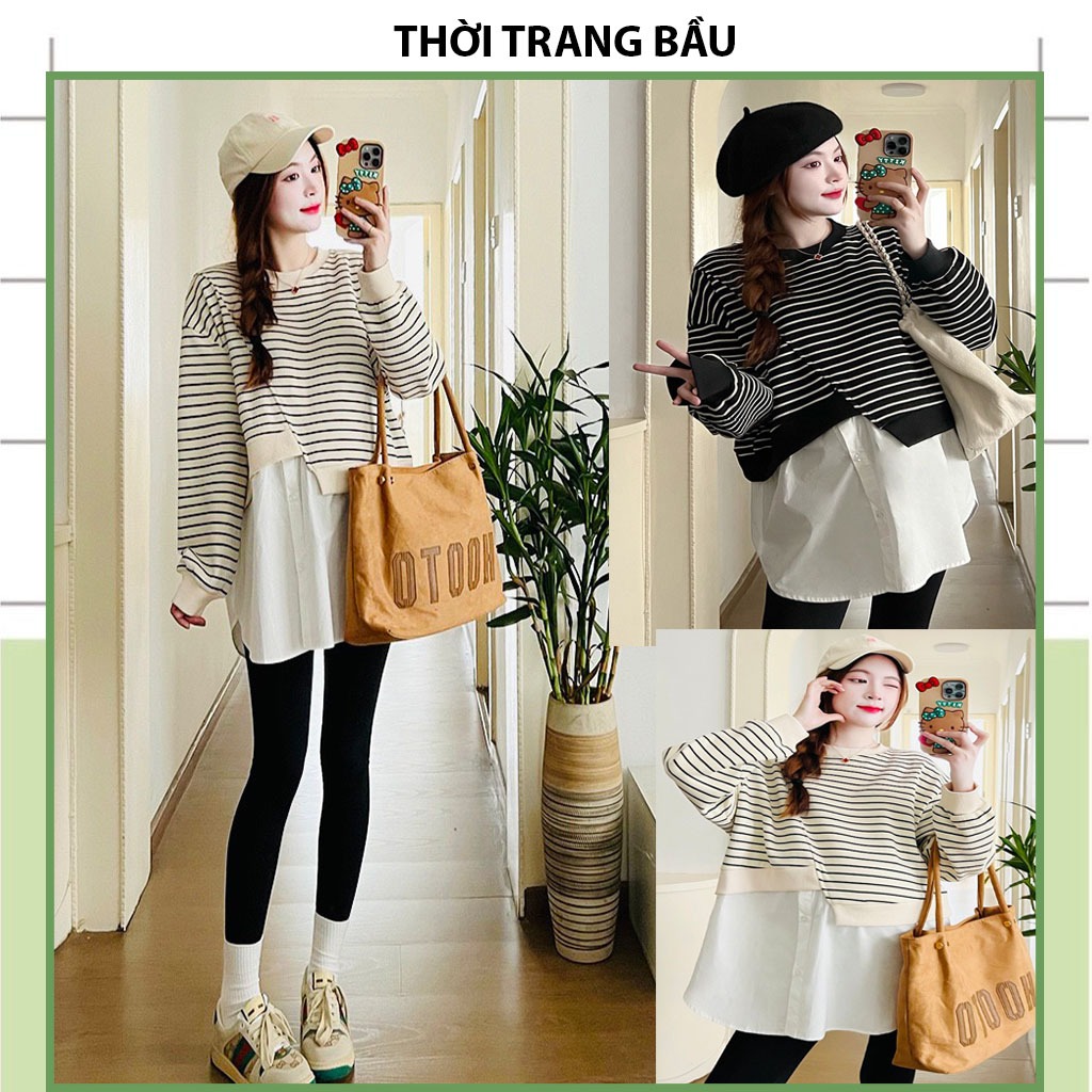 ÁO BẦU CÔNG SỞ THU ĐÔNG- ÁO DÀI TAY THIẾT KẾ CÁCH ĐIỆU KẺ PHA VẢI TRẮNG SANG CHẢNH FRESIZE MẶC BẦU SAU SINH