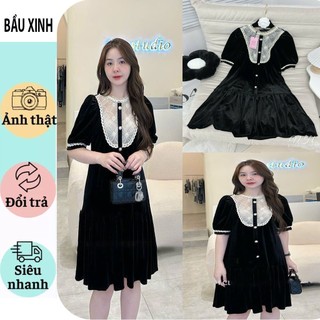 [V512] VÁY ĐẦM NHUNG CÔNG SỞ DỰ TIỆC CỰC SANG-ĐẦM BẦY BABAYDOLL DÁNG SUÔNG ĐUÔI CÁ  PHA CỔ REN XINH XẮN FRSIZE DỄ MẶC